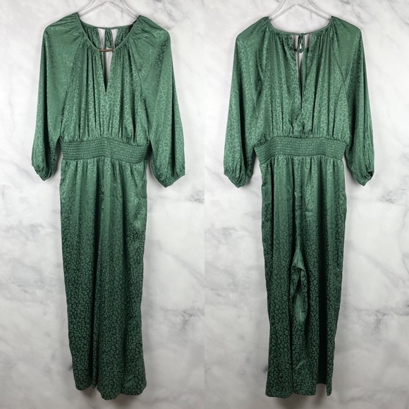 NWT Bloomingdale's Andrew Marc Satin Leopard Blouson Wide Leg Jumpsuit Boho L - Picture 1 of 9